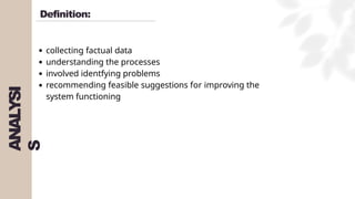 ANALYSI
S
Definition:
collecting factual data
understanding the processes
involved identfying problems
recommending feasible suggestions for improving the
system functioning
 