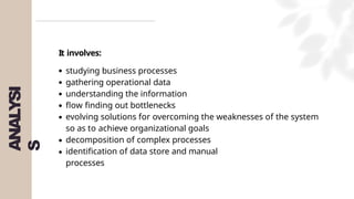 ANALYSI
S
It involves:
studying business processes
gathering operational data
understanding the information
flow finding out bottlenecks
evolving solutions for overcoming the weaknesses of the system
so as to achieve organizational goals
decomposition of complex processes
identification of data store and manual
processes
 