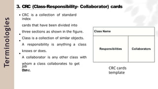 Terminologies 3. CRC (Class-Responsibility- Collaborator) cards
CRC is a collection of standard
index
cards that have been divided into
three sections as shown in the figure.
Class is a collection of similar objects.
A responsibility is anything a class
knows or does.
A collaborator is any other class with
whom a class collaborates to get
the
job
done.
CRC cards
template
 