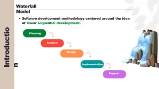 Waterfall
Model
Software development methodology centered around the idea
of linear sequential development.
Planning
Analysis
Design
Implementation
Support
Introductio
n
 