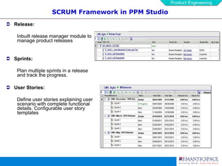 SCRUM Framework in PPM Studio Release: Inbuilt release manager module to manage product releases Sprints:   Plan multiple sprints in a release and track the progress. User Stories:   Define user stories explaining user scenario with complete functional details. Configurable user story templates 