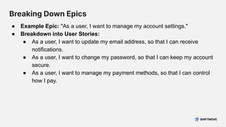 Breaking Down Epics
● Example Epic: "As a user, I want to manage my account settings."
● Breakdown into User Stories:
● As a user, I want to update my email address, so that I can receive
notifications.
● As a user, I want to change my password, so that I can keep my account
secure.
● As a user, I want to manage my payment methods, so that I can control
how I pay.
 