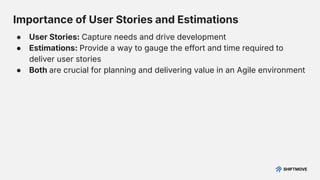 Importance of User Stories and Estimations
● User Stories: Capture needs and drive development
● Estimations: Provide a way to gauge the effort and time required to
deliver user stories
● Both are crucial for planning and delivering value in an Agile environment
 