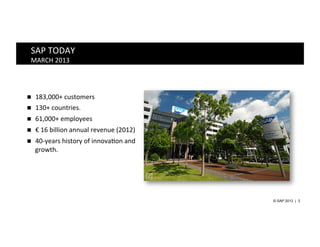 SAP	
  TODAY	
  
  MARCH	
  2013	
  




n  183,000+	
  customers	
  	
  
n  130+	
  countries.	
  	
  
n    61,000+	
  employees	
  
n    €	
  16	
  billion	
  annual	
  revenue	
  (2012)	
  
n    40-­‐years	
  history	
  of	
  innovaDon	
  and	
  
      growth.	
  	
  


                                                              [2]


                                                                    © SAP 2013 | 3
 