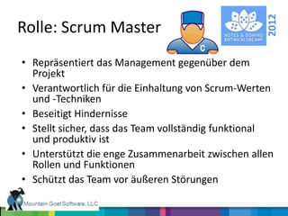 2012
Rolle: Scrum Master
• Repräsentiert das Management gegenüber dem
  Projekt
• Verantwortlich für die Einhaltung von Scrum-Werten
  und -Techniken
• Beseitigt Hindernisse
• Stellt sicher, dass das Team vollständig funktional
  und produktiv ist
• Unterstützt die enge Zusammenarbeit zwischen allen
  Rollen und Funktionen
• Schützt das Team vor äußeren Störungen
 