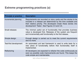 Extreme programming practices (a)
Principle or practice Description
Incremental planning Requirements are recorded on story cards and the stories to be
included in a release are determined by the time available and
their relative priority. The developers break these stories into
development ‘Tasks’. See Figures 3.5 and 3.6.
Small releases The minimal useful set of functionality that provides business
value is developed first. Releases of the system are frequent
and incrementally add functionality to the first release.
Simple design Enough design is carried out to meet the current requirements
and no more.
Test-first development An automated unit test framework is used to write tests for a
new piece of functionality before that functionality itself is
implemented.
Refactoring All developers are expected to refactor the code continuously as
soon as possible code improvements are found. This keeps the
code simple and maintainable.
18Agile software development
 