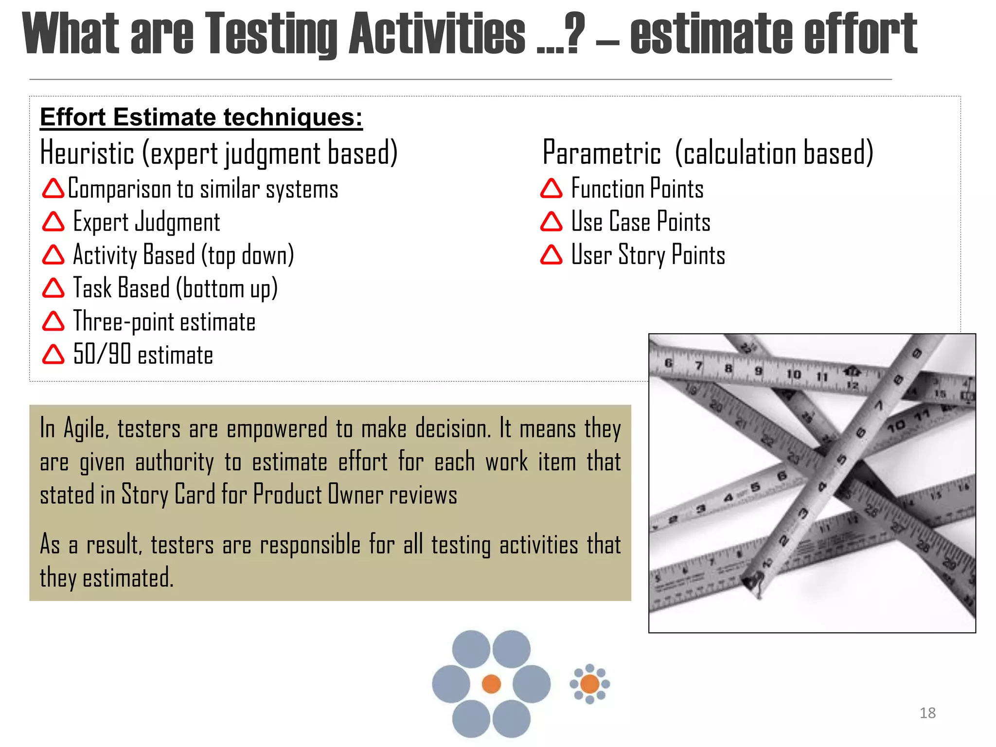 What are Testing Activities …? – estimate effort
Effort Estimate techniques:
Heuristic (expert judgment based)                         Parametric (calculation based)
Comparison to similar systems                             Function Points
 Expert Judgment                                          Use Case Points
 Activity Based (top down)                                User Story Points
 Task Based (bottom up)
 Three-point estimate
 50/90 estimate

In Agile, testers are empowered to make decision. It means they
are given authority to estimate effort for each work item that
stated in Story Card for Product Owner reviews
As a result, testers are responsible for all testing activities that
they estimated.



                                                                                           18
 