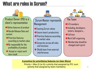 What are roles in Scrum?

 Product Owner (PO) is a         Scrum Master represents            The Team
 client’s representation        Management                        5-9 members
 Define features of product    Enacting Scrum values            Including: developers,
 Decide Release Date and                                          testers, designers,…
                                Ensure team’s productivity
 content                                                          Full time
                                Prioritize features according
 Prioritize features             to market value                 Work Self-organizing
   according to market value                                       Membership should be
                                Corporate across all roles
 Be responsible for the          and functions                     changed each sprint
   profitability of product
                                 Shield team from external
  Accept or reject work          interferences
   item result

                   A practice for prioritizing features (or User Story)
                     Priority = Max (5 (or 6) x priority that assigned by PO, sum
                         (priority that assigned by team members)                           12
 