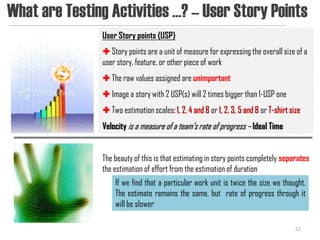 What are Testing Activities …? – User Story Points
               User Story points (USP)
                Story points are a unit of measure for expressing the overall size of a
               user story, feature, or other piece of work
                The raw values assigned are unimportant
                Image a story with 2 USP(s) will 2 times bigger than 1-USP one
                Two estimation scales               or                or
               Velocity is a measure of a team’s rate of progress – Ideal Time


               The beauty of this is that estimating in story points completely separates
               the estimation of effort from the estimation of duration
                   If we find that a particular work unit is twice the size we thought.
                   The estimate remains the same, but rate of progress through it
                   will be slower

                                                                                    21
 