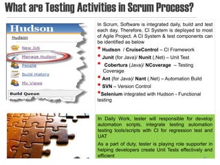What are Testing Activities in Scrum Process?
                      In Scrum, Software is integrated daily, build and test
                      each day. Therefore, CI System is deployed to most
                      of Agile Project. A CI System & test components can
                      be identified as below
                      • Hudson / CruiseControl – CI Framework
                      • Junit (for Java)/ Nunit (.Net) – Unit Test
                      • Cobertura (Java)/ NCoverage – Testing
                        Coverage
                      • Ant (for Java)/ Nant (.Net) – Automation Build
                      • SVN – Version Control
                      •Selenium integrated with Hudson - Functional
                      testing


                      In Daily Work, tester will responsible for develop
                      automation scripts, integrate testing automation
                      testing tools/scripts with CI for regression test and
                      UAT
                      As a part of duty, tester is playing role supporter in
                      helping developers create Unit Tests effectively and
                      efficient                                        24
 