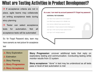 What are Testing Activities in Product Development?
 If acceptance criteria are not in
place, agile teams may collaborate
on writing acceptance tests during
story planning

 Tester can select acceptance
tests   for    automation.       Not     all
acceptance tests will be automated

Ex: for Forgot Password story, team may
have scenario as next picture for acceptance
test


 Story Exploration              Story Progression: uncover additional tests that reply on
 Estimation                     exploratory testing and communication. Conducting testing while
                                 monitor results from CI system
 Story Planning
 Story Progression              Story acceptance: “done” in test may be understood as all tests
                                 pass or level of test automation is met
 Story Acceptance
 