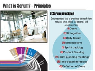 What is Scrum? - Principles
                          9 Scrum principles
                              Scrum contains sets of principles (some of them
                                  required while others are optional) and
                                             predefined roles
                                                 (1)Demo
                                            (2)Sit together
                                           (3)Daily Scrum
                                          (4)Retrospective
                                          (5)Sprint backlog
                                        (6)Product Backlog
                                  (7)Sprint planning meetings
                                    (8)Time-boxed iterations
                                       (9)Definition of Done             7
 