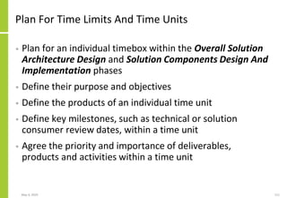 May 4, 2020 111
Plan For Time Limits And Time Units
• Plan for an individual timebox within the Overall Solution
Architecture Design and Solution Components Design And
Implementation phases
• Define their purpose and objectives
• Define the products of an individual time unit
• Define key milestones, such as technical or solution
consumer review dates, within a time unit
• Agree the priority and importance of deliverables,
products and activities within a time unit
 
