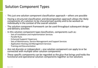 Solution Component Types
• This just one solution component classification approach – others are possible
• Having a structured classification and decomposition approach allows the likely
components of a solution to be characterised quickly and to be worked on
individually in the context of the overall solution
• The solution component framework can be used throughput subsequent design
and delivery activities
• In this solution component type classification, components such as:
− Sets of Installation and Implementation Services
− Parallel Runs
− Enhanced Support/ Hypercare
− Sets of Maintenance, Service Management and Support Services
− Application Hosting and Management Services
− Training and Documentation
• Are not discrete or independent – one solution component can apply to or be
connected with multiple other solution components
• These specific components can be regarded as the glue that brings and holds the
functional and operational solution components together as live solutions
May 4, 2020 13
 