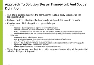 Approach To Solution Design Framework And Scope
Definition
• This phase quickly identifies the components that are likely to comprise the
required solution
• It allows options to be identified and evidence-based decisions to be made
• Key elements of initial solution scope and design:
− Core
• Processes – business processes required to operate the solution
• Functions – functions that must be delivered by the overall solution
• Actors – business functions and roles that will interact with the overall solution and its components
• Systems/Applications – new and existing systems that must be developed/changed to deliver functions
− Extended
• System Interfaces – links between systems
• Actor-System Interactions – interactions between Actors and Systems/Applications
• Actor-Actor Interactions – interactions between Actors
• Journey – standard journey through processes/functions and exceptions/deviations from “happy path”
• Logical Data Model View – data elements required
• Data Exchanges – movement of data between Systems/Applications
• These design elements combine to provide a comprehensive view of the potential
solution design at this phase
May 4, 2020 177
 