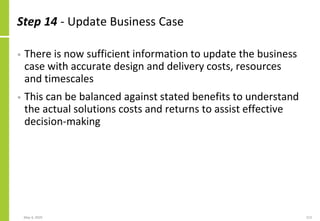 Step 14 - Update Business Case
• There is now sufficient information to update the business
case with accurate design and delivery costs, resources
and timescales
• This can be balanced against stated benefits to understand
the actual solutions costs and returns to assist effective
decision-making
May 4, 2020 213
 