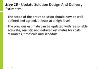 Step 15 - Update Solution Design And Delivery
Estimates
• The scope of the entire solution should now be well
defined and agreed, at least at a high-level
• The previous estimate can be updated with reasonably
accurate, realistic and detailed estimates for costs,
resources, timescale and schedule
May 4, 2020 214
 