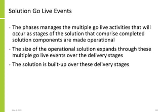 Solution Go Live Events
• The phases manages the multiple go live activities that will
occur as stages of the solution that comprise completed
solution components are made operational
• The size of the operational solution expands through these
multiple go live events over the delivery stages
• The solution is built-up over these delivery stages
May 4, 2020 230
 