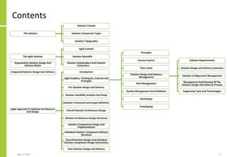 Contents
The Solution
Solution Context
Solution Component Types
Solution Topography
The Agile Solution
Agile Context
Solution Monolith
Solution Stakeholders And Solution
Consumers
Organisation Solution Design And
Delivery Waste
Integrated Solution Design And Delivery
Agile Approach To Solution Architecture
And Design
Introduction
Agile Enablers, Techniques, Controls and
Principles
Principles
Success Factors
Time Limits
Solution Design And Delivery
Management
Solution Requirements
Solution Design and Delivery Estimates
Solution Configuration Management
Management And Planning Of The
Solution Design And Delivery Process
Supporting Tools And Technologies
Risk Management
Quality Management And Validation
Workshops
Prototyping
Pre-Solution Design and Delivery
Solution Feasibility Analysis And Study
Solution Framework and Scope Definition
Overall Solution Architecture Design
Solution Architecture Design Iterations
Solution Components Design And
Implementation
Individual Solution Component Delivery
Iterations
Overall Solution Design and Individual
Solution Component Design Interactions
Post-Solution Design and Delivery
May 4, 2020 4
 