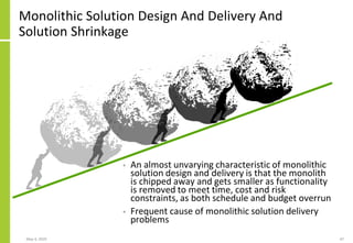Monolithic Solution Design And Delivery And
Solution Shrinkage
• An almost unvarying characteristic of monolithic
solution design and delivery is that the monolith
is chipped away and gets smaller as functionality
is removed to meet time, cost and risk
constraints, as both schedule and budget overrun
• Frequent cause of monolithic solution delivery
problems
May 4, 2020 47
 
