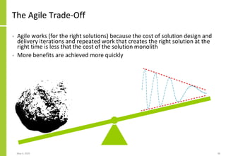 The Agile Trade-Off
• Agile works (for the right solutions) because the cost of solution design and
delivery iterations and repeated work that creates the right solution at the
right time is less that the cost of the solution monolith
• More benefits are achieved more quickly
May 4, 2020 48
 