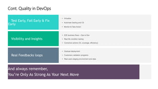 Cont. Quality in DevOps
• Virtualize
• Automate (testing and CI)
• Monitor & Take Action
Test Early, Fail Early & Fix
Early
• E2E business flows – Ops to Dev
• Real life condition testing
• Corrective actions (CI, coverage, efficiency)
Visibility and Insights
• Gradual deployment
• Customers validation programs
• Real users staging environment and data
Real Feedbacks loops
And always remember,
You’re Only As Strong As Your Next Move
 