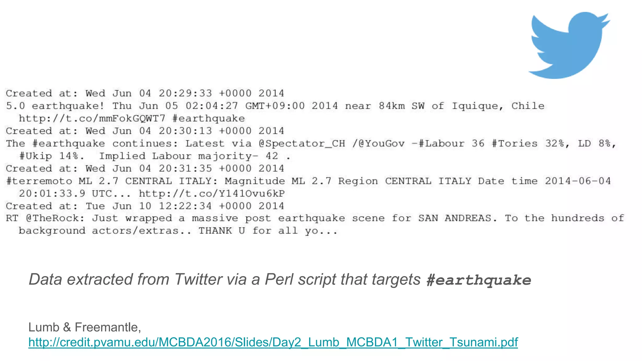 Data extracted from Twitter via a Perl script that targets #earthquake
Lumb & Freemantle,
http://credit.pvamu.edu/MCBDA2016/Slides/Day2_Lumb_MCBDA1_Twitter_Tsunami.pdf
 