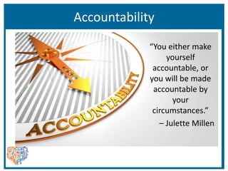 Accountability
“You either make
yourself
accountable, or
you will be made
accountable by
your
circumstances.”
– Julette Millen
“You either make
yourself
accountable, or
you will be made
accountable by
your
circumstances.”
– Julette Millen
 