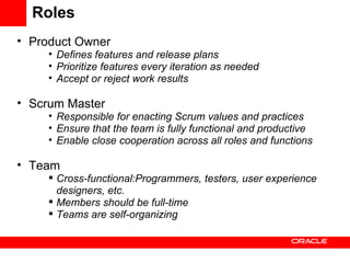Roles Product Owner Defines features and release plans Prioritize features every iteration as needed Accept or reject work results Scrum Master Responsible for enacting Scrum values and practices Ensure that the team is fully functional and productive Enable close cooperation across all roles and functions Team Cross-functional:Programmers, testers, user experience designers, etc. Members should be full-time Teams are self-organizing 