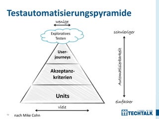 Testautomatisierungspyramide
                        wenige

                      Exploratives   schwieriger
                        Testen




                                      Automatisierbarkeit
                          User-
                        journeys


                      Akzeptanz-
                       kriterien


                         Units
                                     einfacher
                          viele
12
     nach Mike Cohn
 