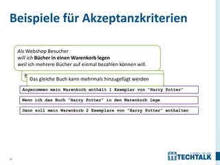 Beispiele für Akzeptanzkriterien

     Als Webshop Besucher
     will ich Bücher in einen Warenkorb legen
     weil ich mehrere Bücher auf einmal bezahlen können will.

       Bücher können dem Warenkorb hinzugefügt werden
         Das gleiche Buch kann mehrmals hinzugefügt werden
      Angenommen mein Warenkorb enthält 1 Exemplar von “Harry Potter”

      Wenn ich das Buch “Harry Potter” in den Warenkorb lege

      Dann soll mein Warenkorb 2 Exemplare von “Harry Potter” enthalten




26
 