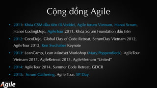 Cộng đồng Agile
• 2011: Khóa CSM đầu tiên (B.Vodde), Agile forum Vietnam, Hanoi Scrum,
Hanoi CodingDojo, AgileTour 2011, K...