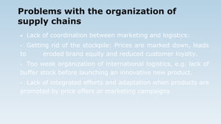 Problems with the organization of
supply chains
• Lack of coordination between marketing and logistics:
• Getting rid of the stockpile: Prices are marked down, leads
to eroded brand equity and reduced customer loyalty.
• Too weak organization of international logistics, e.g. lack of
buffer stock before launching an innovative new product.
• Lack of integrated efforts and adaptation when products are
promoted by price offers or marketing campaigns
 