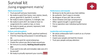 Survival kit
/using engagement matrix/
Work environment
• Trust yourself and your teammates
• Be ready to work from home, train station, beach,
phone, good Wi-Fi, bad Wi-Fi, no Wi-Fi
• Be ready to work in daytime, in midnight, late
• Be ready to work 24/7, be ready to have no
assignments for a week or two, or more
• Be ready to speak up, present, represent, hold
speech [and toast]
Performance and rewards
• Be brave to do the job to your best abilities
• Be authentic. Don’t copy or emulate
• Be designer of your job. Like an artist
• Show initiative and cope consequences
• Often «good enough» is good enough
• Put co-operation over individual performance
• Enjoy!
Culture and atmosphere
• Don’t sacrifice (family, health, psychical wellness)
• Find the meaning and purpose in everything you
do
• Get used to work for social enterprises
• Create the culture you like to have around you
• Be immune to anxiety. Nothing should surprise
you
• If you want to be safe and included, take care of it
by yourself
• Be ready to proudly represent your country
Leadership and management
• Be values ambassador both in work an as a human
• Be the visionary
• Inspire your people and lead the mission
• Trust your people and pay attention
 