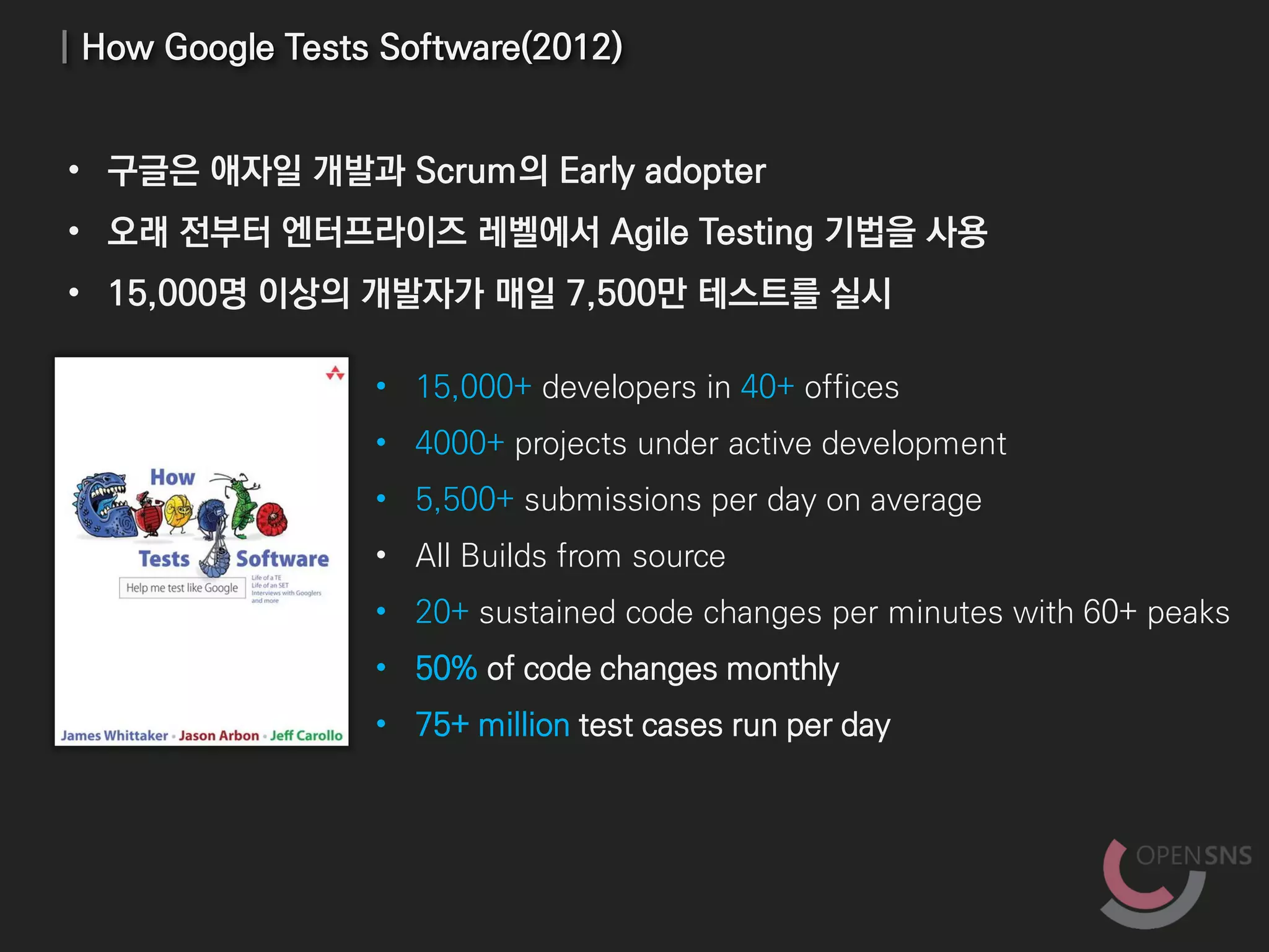 • 15,000+ developers in 40+ offices
• 4000+ projects under active development
• 5,500+ submissions per day on average
• All Builds from source
• 20+ sustained code changes per minutes with 60+ peaks
• 50% of code changes monthly
• 75+ million test cases run per day
| How Google Tests Software(2012)
• 구글은 애자일 개발과 Scrum의 Early adopter
• 오래 전부터 엔터프라이즈 레벨에서 Agile Testing 기법을 사용
• 15,000명 이상의 개발자가 매일 7,500만 테스트를 실시
 