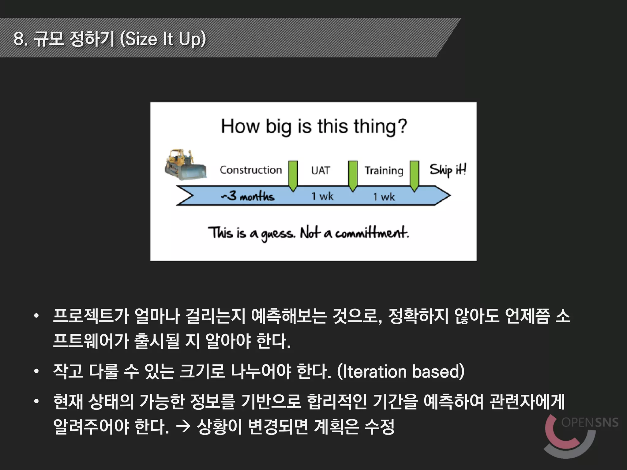 8. 규모 정하기 (Size It Up)
• 프로젝트가 얼마나 걸리는지 예측해보는 것으로, 정확하지 않아도 언제쯤 소
프트웨어가 출시될 지 알아야 한다.
• 작고 다룰 수 있는 크기로 나누어야 한다. (Iteration based)
• 현재 상태의 가능한 정보를 기반으로 합리적인 기간을 예측하여 관련자에게
알려주어야 한다.  상황이 변경되면 계획은 수정
 