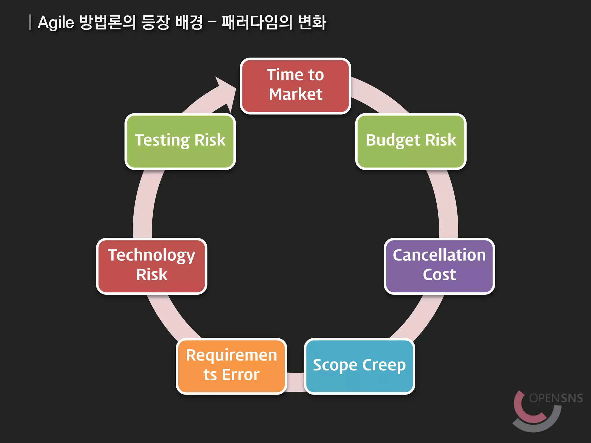 | Agile 방법론의 등장 배경 – 패러다임의 변화
Time to
Market
Budget Risk
Cancellation
Cost
Scope Creep
Requiremen
ts Error
Technology
Risk
Testing Risk
 