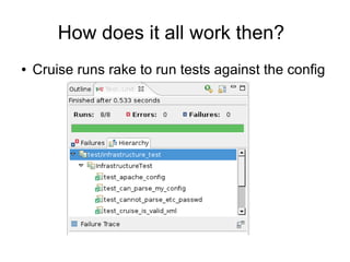 How does it all work then?
●   Cruise runs rake to run tests against the config
 