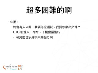 超多困難的啊
• 中期：
• 總會有⼈人來來問：我要怎麼測試？我要怎麼出⽂文件？
• CTO 衝進來來下命令，⼲干擾會議進⾏行行
• 可⾒見見他也承受很⼤大的壓⼒力力啊...
 