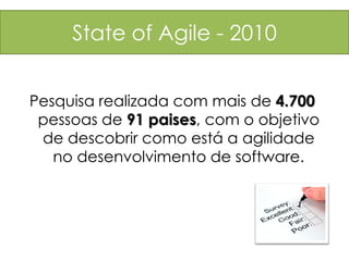 State of Agile - 2010


Pesquisa realizada com mais de 4.700
 pessoas de 91 paises, com o objetivo
 de descobrir como está a agilidade
   no desenvolvimento de software.
 