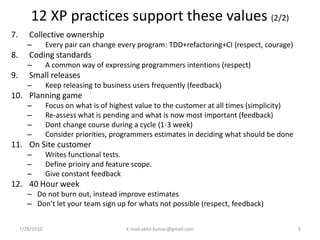 12 XP practices support these values (2/2)
7.      Collective ownership
        –        Every pair can change every program: TDD+refactoring+CI (respect, courage)
8.      Coding standards
        –        A common way of expressing programmers intentions (respect)
9.      Small releases
        –        Keep releasing to business users frequently (feedback)
10. Planning game
        –        Focus on what is of highest value to the customer at all times (simplicity)
        –        Re-assess what is pending and what is now most important (feedback)
        –        Dont change course during a cycle (1-3 week)
        –        Consider priorities, programmers estimates in deciding what should be done
11. On Site customer
        –        Writes functional tests.
        –        Define prioiry and feature scope.
        –        Give constant feedback
12. 40 Hour week
        – Do not burn out, instead improve estimates
        – Don’t let your team sign up for whats not possible (respect, feedback)


     7/28/2010                            E-mail:akhil.kumar@gmail.com                         9
 
