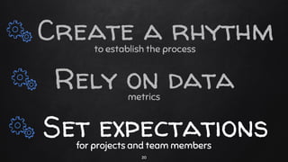 to establish the process
Set expectationsfor projects and team members
Rely on datametrics
20
Create a rhythm
 