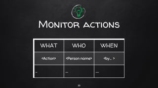 Monitor actions
WHAT WHO WHEN
<Action> <Person name> <by… >
... …. …..
33
 