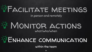 in person and remotely
Enhance communication
within the team
Monitor actionswhat/who/when
36
Facilitate meetings
 