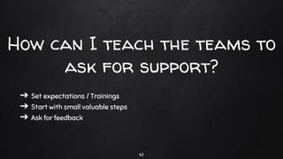 ➔ Set expectations / Trainings
➔ Start with small valuable steps
➔ Ask for feedback
How can I teach the teams to
ask for support?
62
 