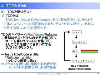 14Copyright (C) Masanori Kataoka, All Rights Reserved.
４．TDDとJUnit
4.1 TDDと単体テスト
１） TDDとは
TDD(Test Driven Development：テスト駆動開発） は、テストを
主体としたソフトウェア開発法である。テストを先に記述し、それに
合格する様にコードを開発する。
TDDのキイワード：Red/Green/Refactor
―最初はテストだけなので不合格（赤）、
コードを書いてテストに合格（緑）、
そしてそれを磨いてきれいにする
（リファク タリング）。
―Test a little/Code a little
/ Refactor a little
(少しづつ着実に進む)
＝＞テストを繰り返し実施する必要があ
り、テストの自動化が、必須である
テ ス ト
コ ン パ イ ル
動 作
リ フ ァ ク タ リ ン グ
図4.1 TDDの手順
(Red/Green/Refactor)
 