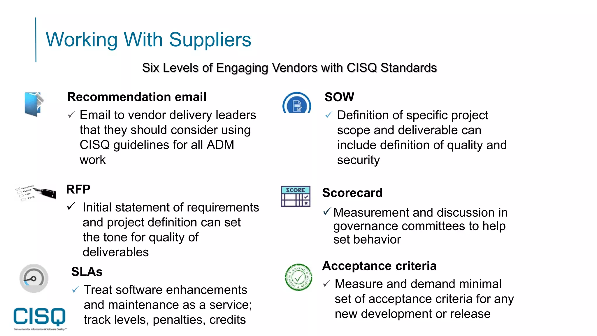 Working With Suppliers
Scorecard
Measurement and discussion in
governance committees to help
set behavior
SLAs
 Treat software enhancements
and maintenance as a service;
track levels, penalties, credits
Recommendation email
 Email to vendor delivery leaders
that they should consider using
CISQ guidelines for all ADM
work
Acceptance criteria
 Measure and demand minimal
set of acceptance criteria for any
new development or release
RFP
 Initial statement of requirements
and project definition can set
the tone for quality of
deliverables
SOW
 Definition of specific project
scope and deliverable can
include definition of quality and
security
Six Levels of Engaging Vendors with CISQ Standards
 