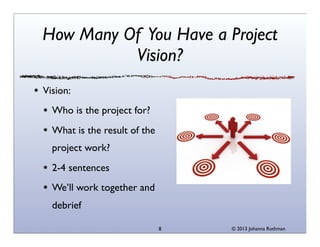 How Many Of You Have a Project
Vision?
Vision:
Who is the project for?
What is the result of the
project work?
2-4 sentences
We’ll work together and
debrief
8

© 2013 Johanna Rothman

 