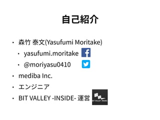 ⾃⼰紹介
• 森⽵ 泰⽂(Yasufumi Moritake)
• yasufumi.moritake
• @moriyasu0410
• mediba Inc.
• エンジニア
• BIT VALLEY -INSIDE- 運営
 