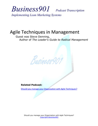 Business901                    Podcast Transcription
Implementing Lean Marketing Systems




Agile Techniques in Management
  Guest was Steve Denning,
    Author of The Leader's Guide to Radical Management




      Related Podcast:
      Should you manage your Organization with Agile Techniques?




         Should you manage your Organization with Agile Techniques?
                          Copyright Business901
 